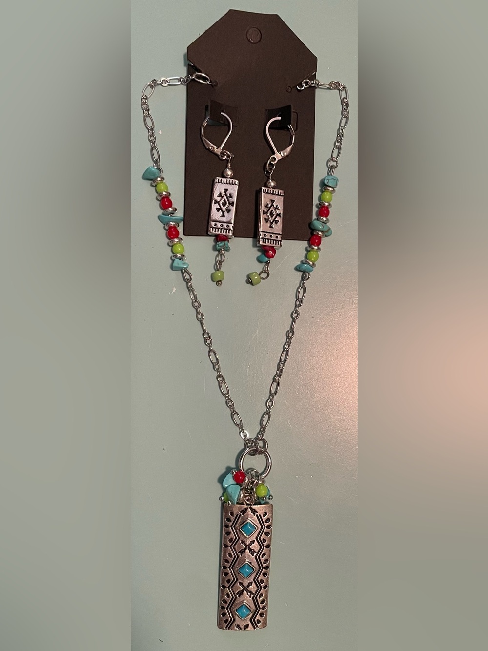 Silver-Tone Real Turquoise & Multicolor Bead Pendant Necklace & Earrings Set